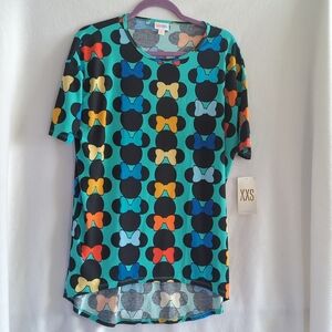 Lularoe + Disney Bright Teal Black & Red Minnie Mouse Irma Knit Top Size XXS NWT